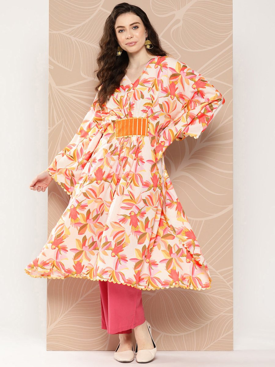 Ahalyaa Women Floral Printed Flared Sleeves Gotta Patti Crepe Kaftan Kurta | Swadesiicart