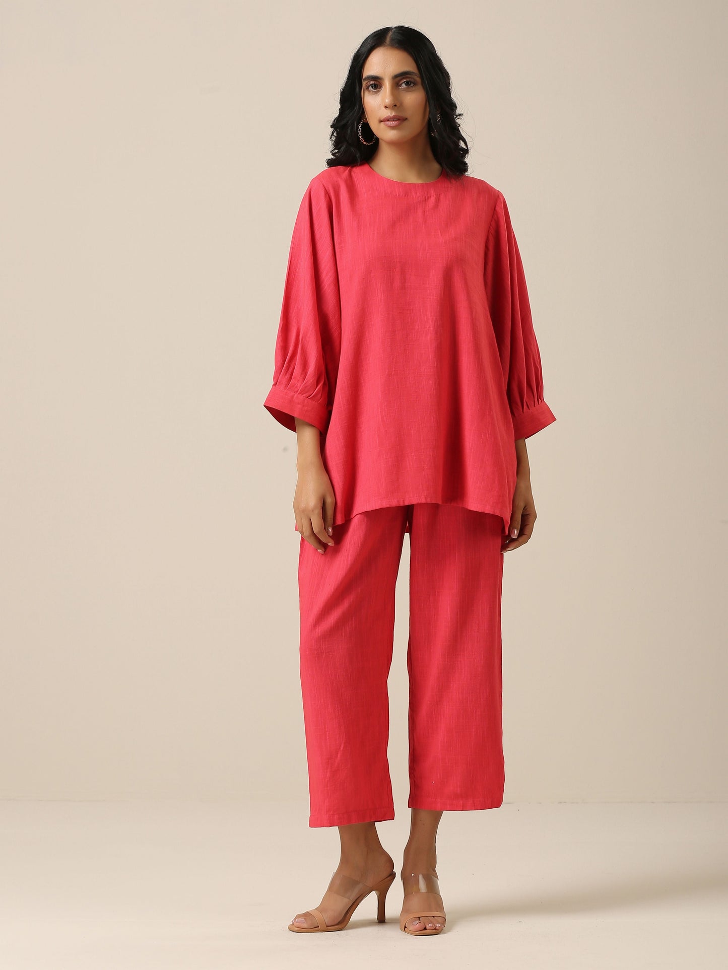 trueBrowns Bright Pink Slub Texture Baggy Sleeve Co-Ord Set - Swadesiicart