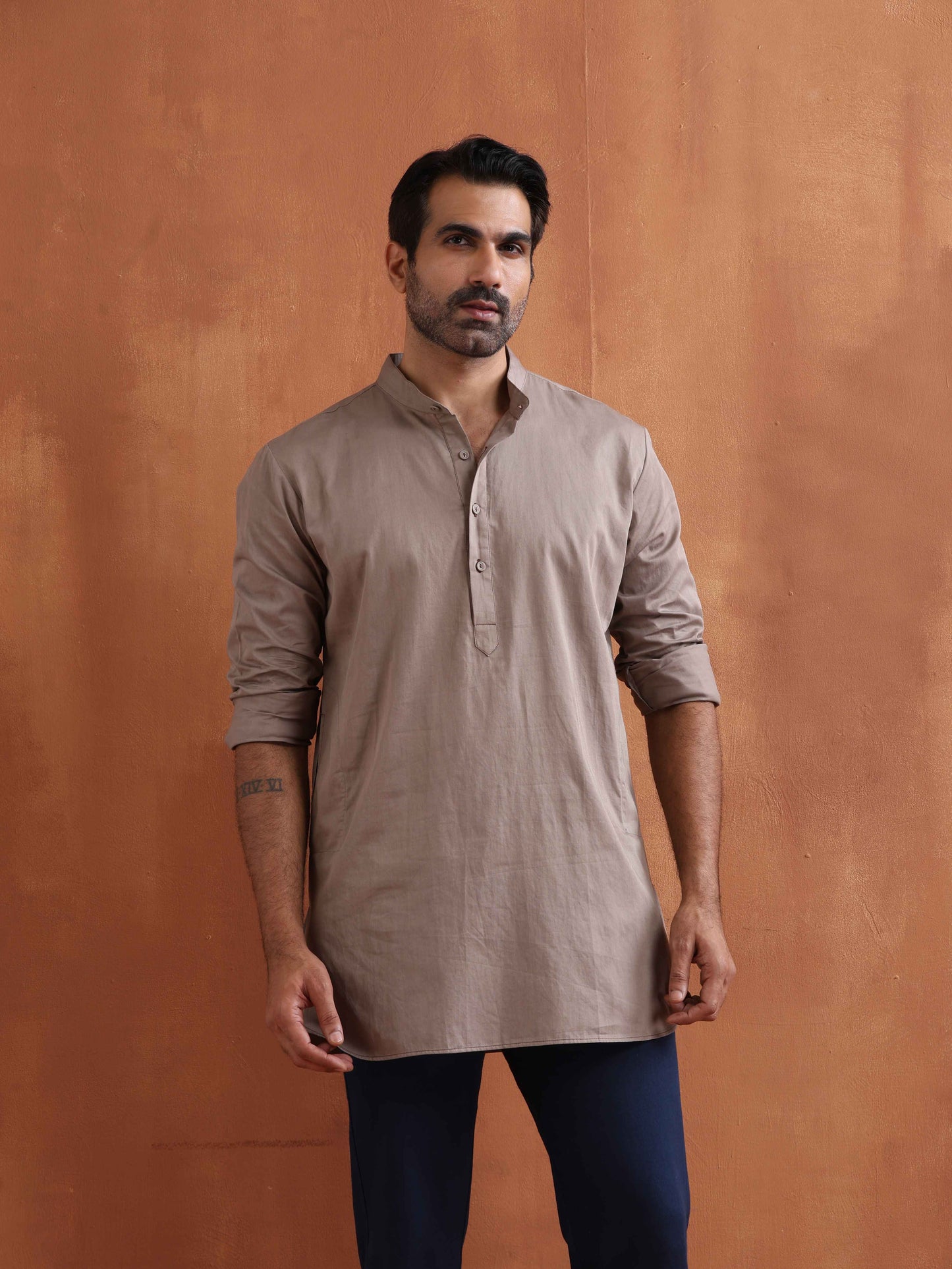 trueBrowns Men's Beige Cotton Short Kurta | Swadesiicart