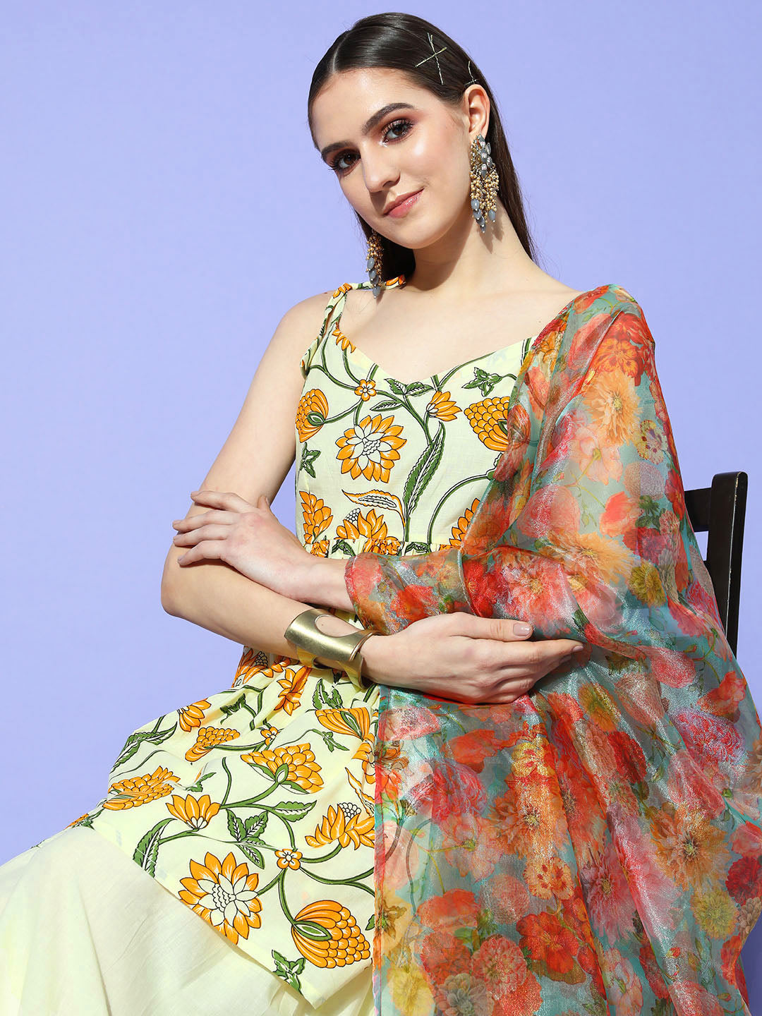 InWeave Women's Off White Yellow Floral Print Tie Up Kurta Sharara Set With Dupatta - Swadesiicart