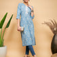 InWeave Women's Powder Blue White Print Lace Straight Kurta - Swadesiicart