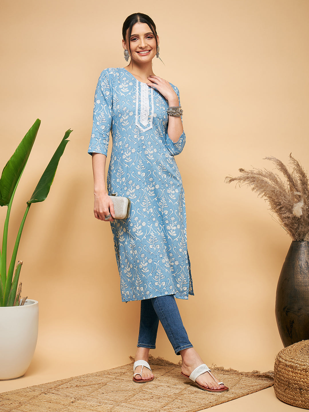 InWeave Women's Powder Blue White Print Lace Straight Kurta - Swadesiicart