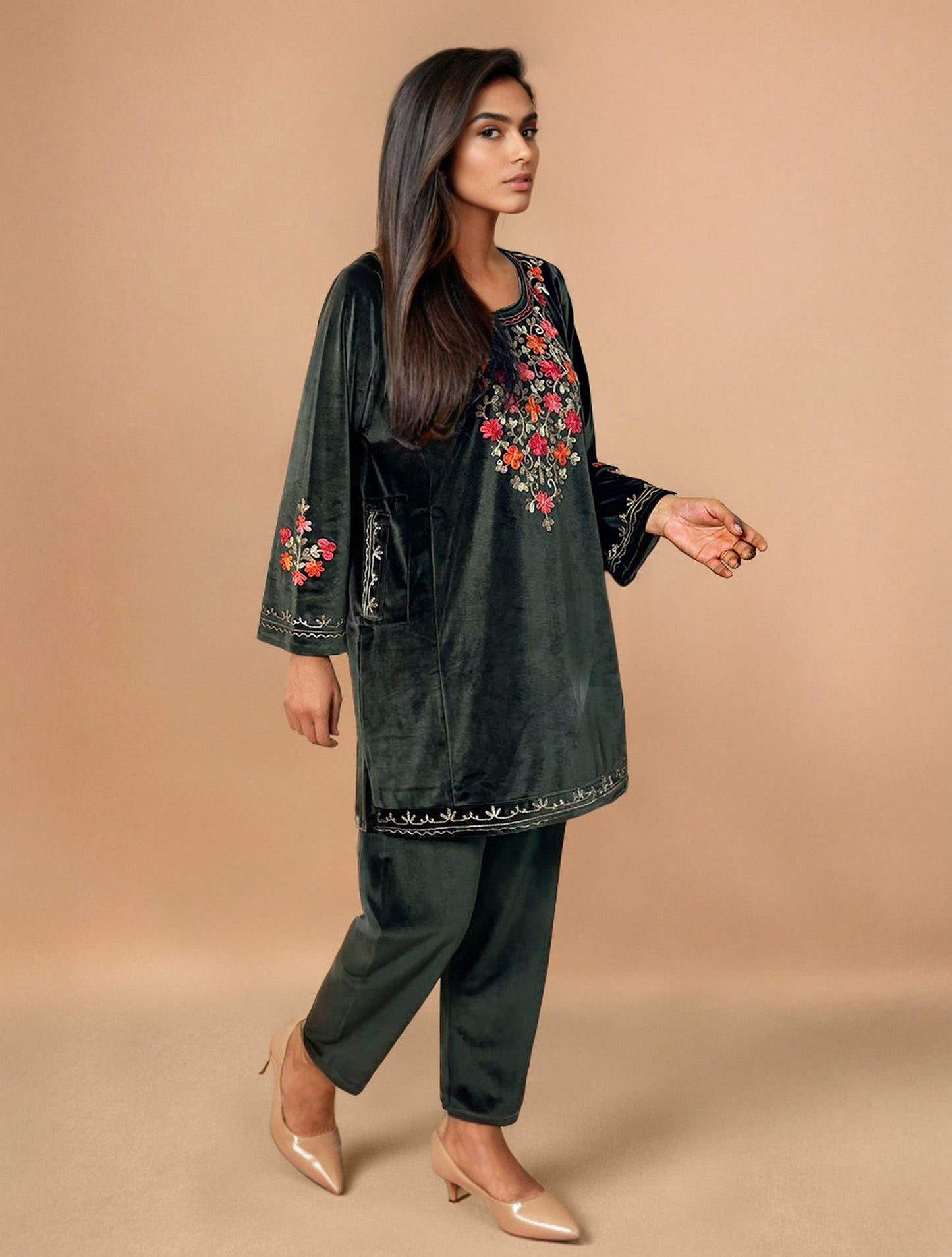 trueBrowns Olive Green Velvet Embroidered Co-ord Set - Swadesiicart