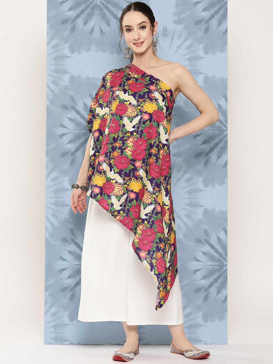 InWeave Women's Navy Bird Japanese Art Oneshoulder Top - Swadesiicart