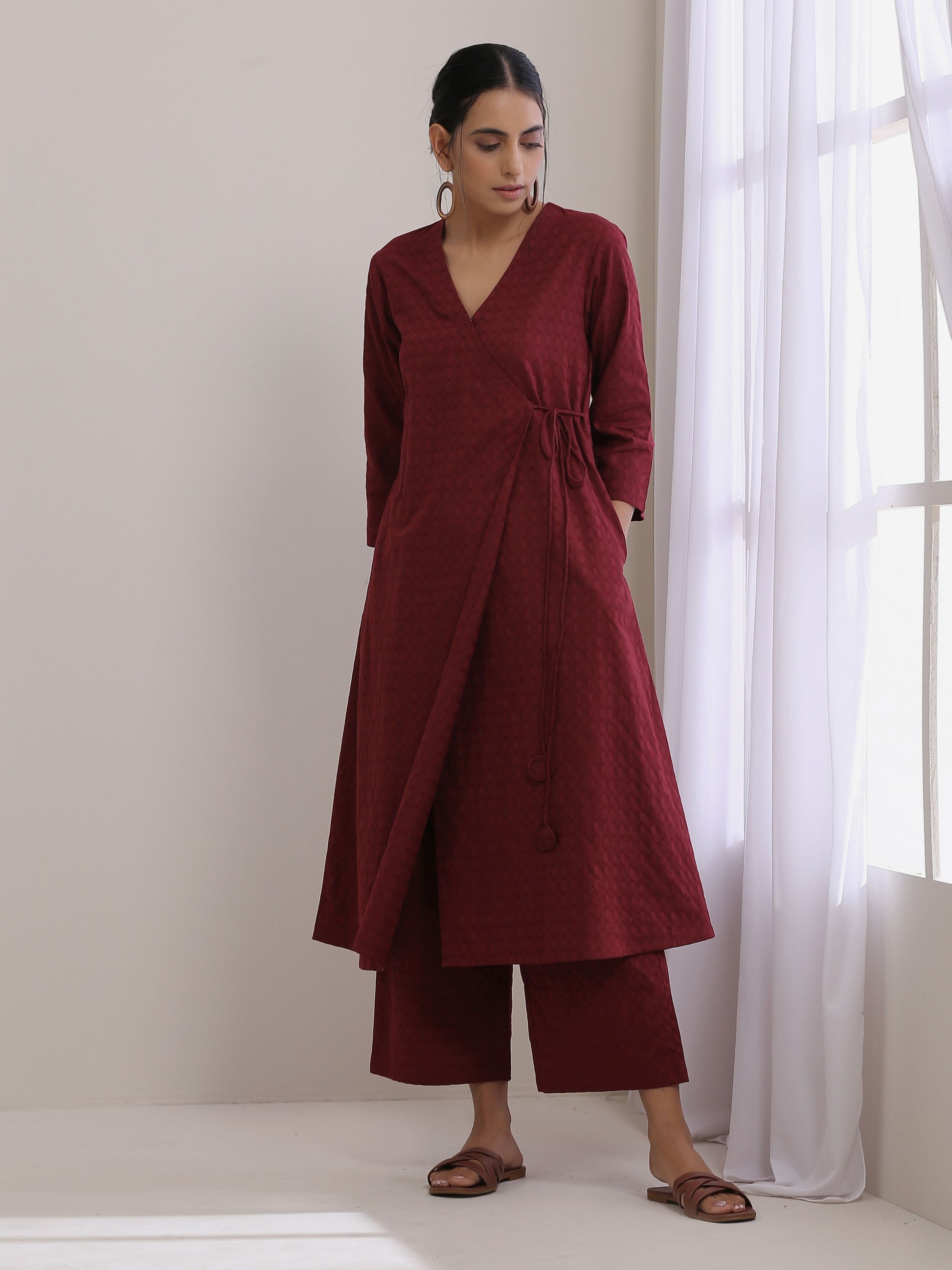 trueBrowns Ruby Wine Dobby Angrakha Pant Set | Swadesiicart