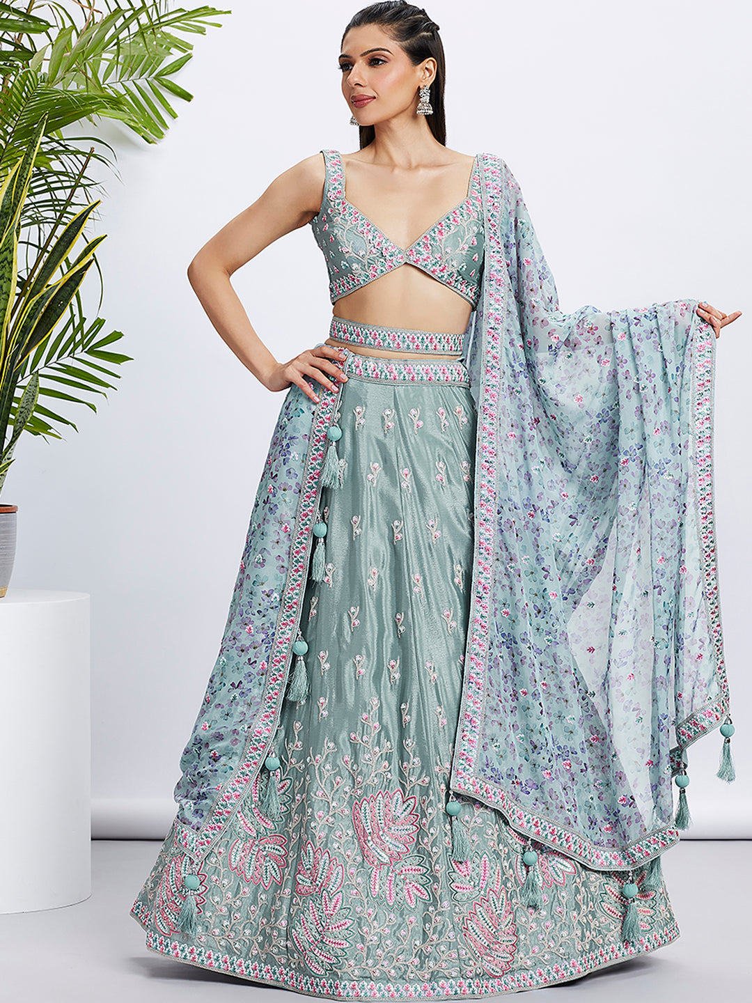 House of Panchhi Pink Georgette Sequins And Thread Embroidery Lehenga Choli & Dupatta | Swadesiicart
