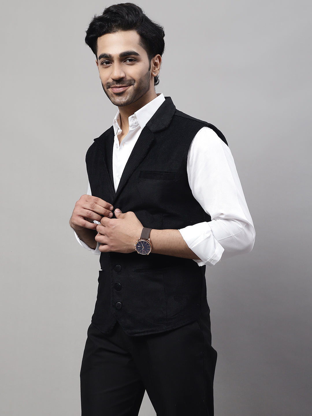 Even Apparels Men's Black Nehru Jacket With Welt Pockets | Swadesiicart