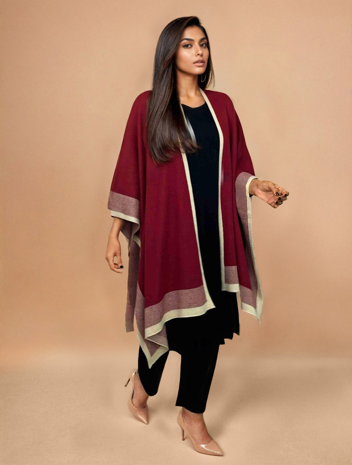 trueBrowns Maroon Woollen Kaftan Cape | Swadesiicart