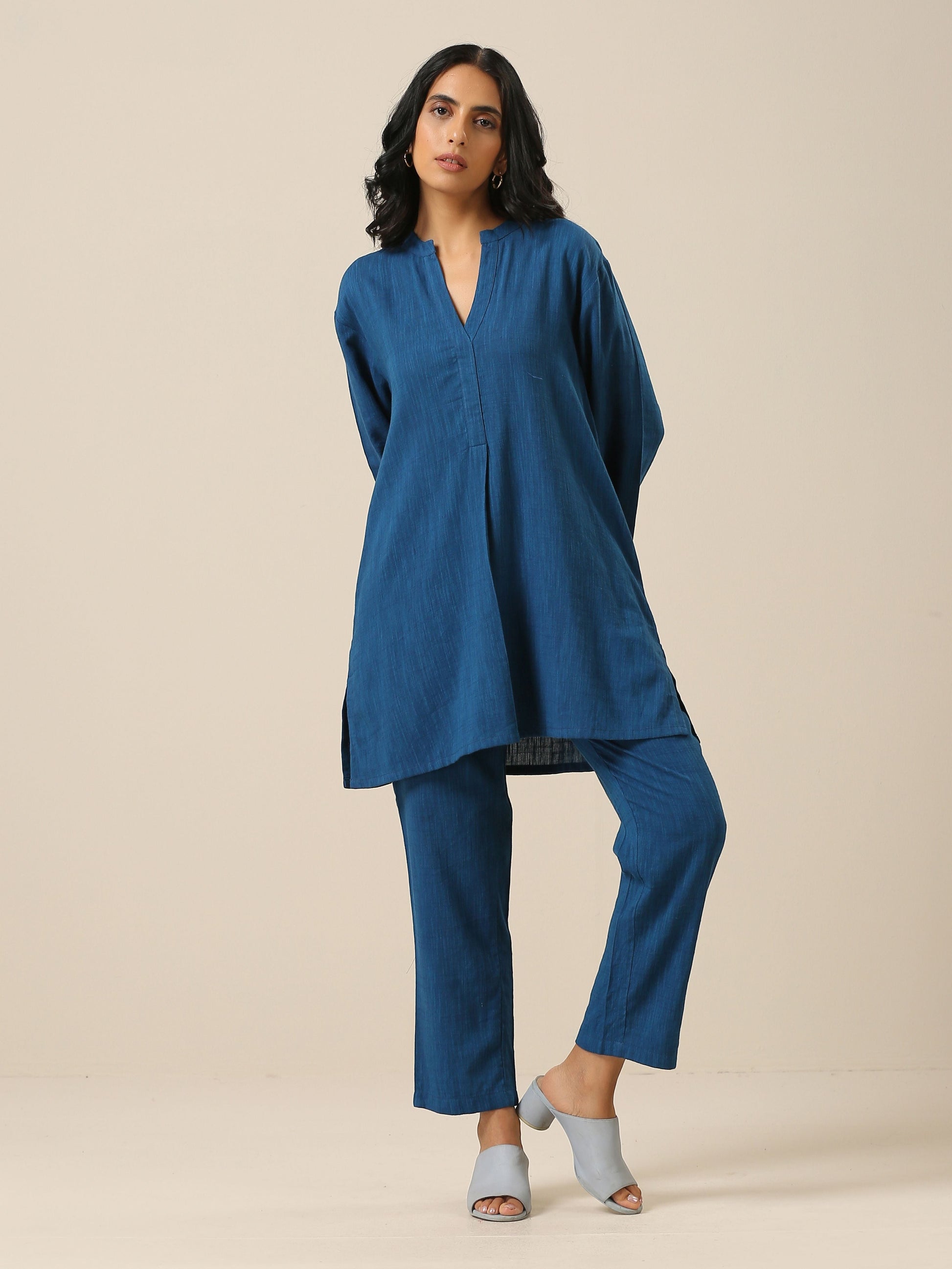 trueBrowns Classic Blue Slub Texture Relax Fit Co-Ord Set - Swadesiicart