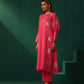 trueBrowns Pink Floral Viscose Silk Round Neck Puff Sleeve Kurta Pant Set | Swadesiicart