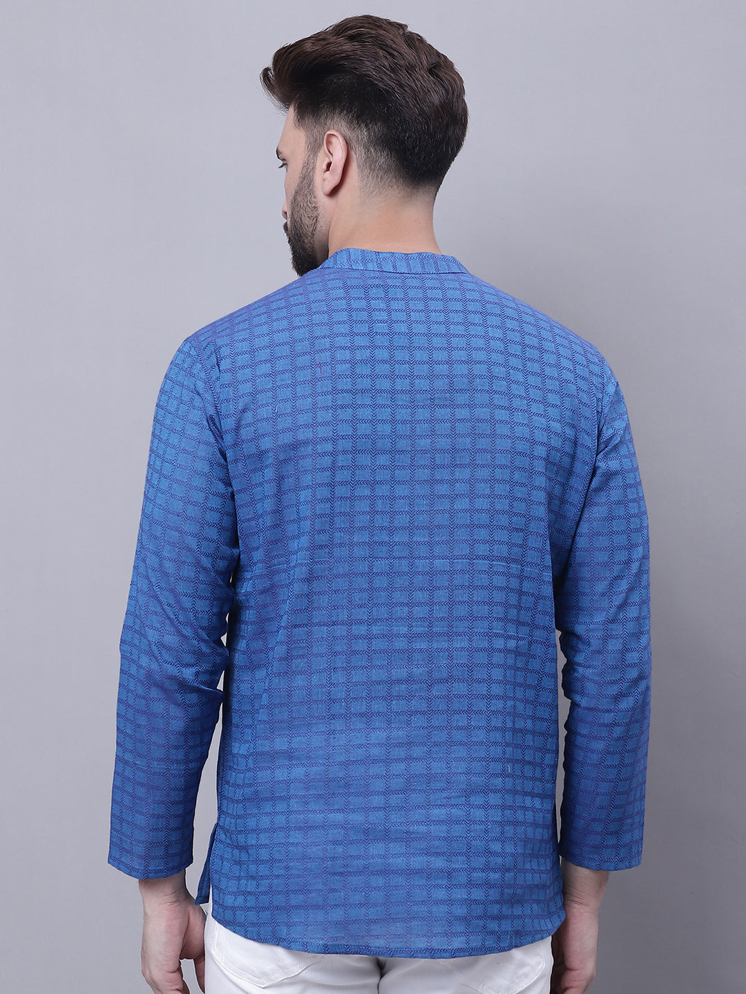 Even Apparels Blue Pure Cotton Short Kurta With Band Collar | Swadesiicart