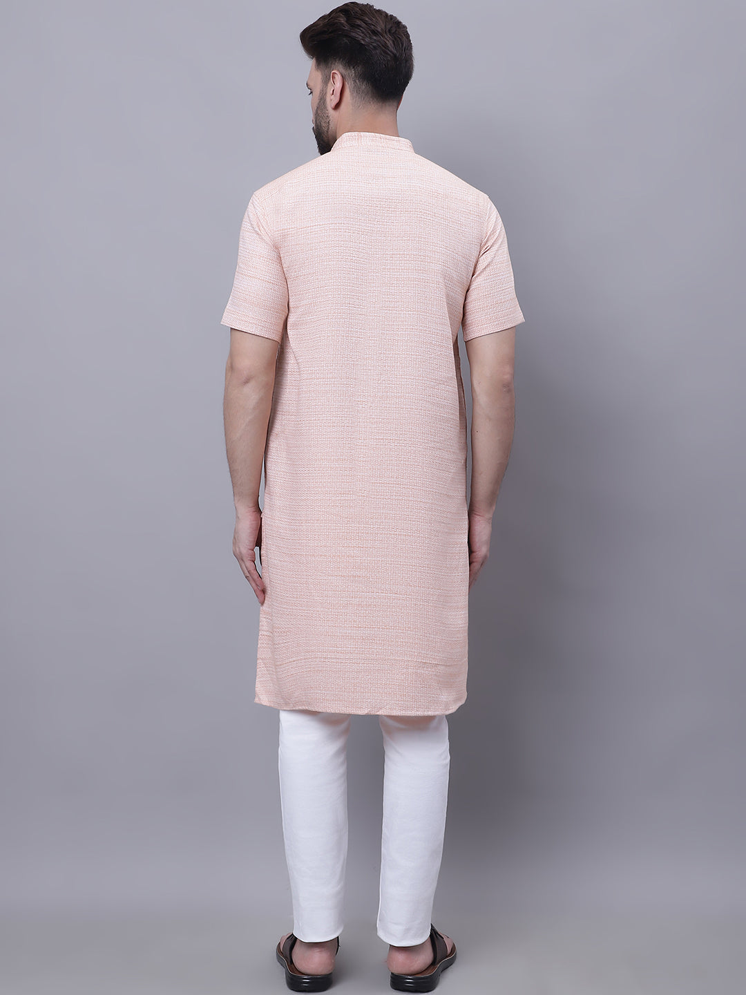 Even Apparels Peach Pure Cotton Short Sleeves Kurta With Band Collar | Swadesiicart
