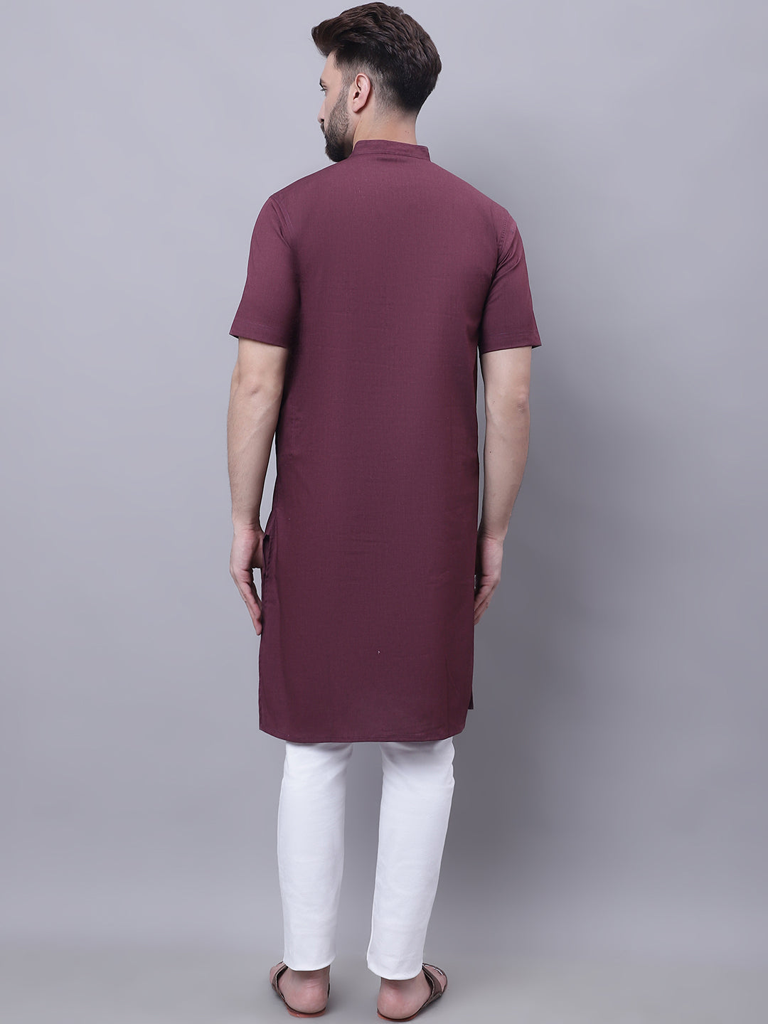 Even Apparels Wine Pure Cotton Short Sleeves Kurta With Band Collar | Swadesiicart