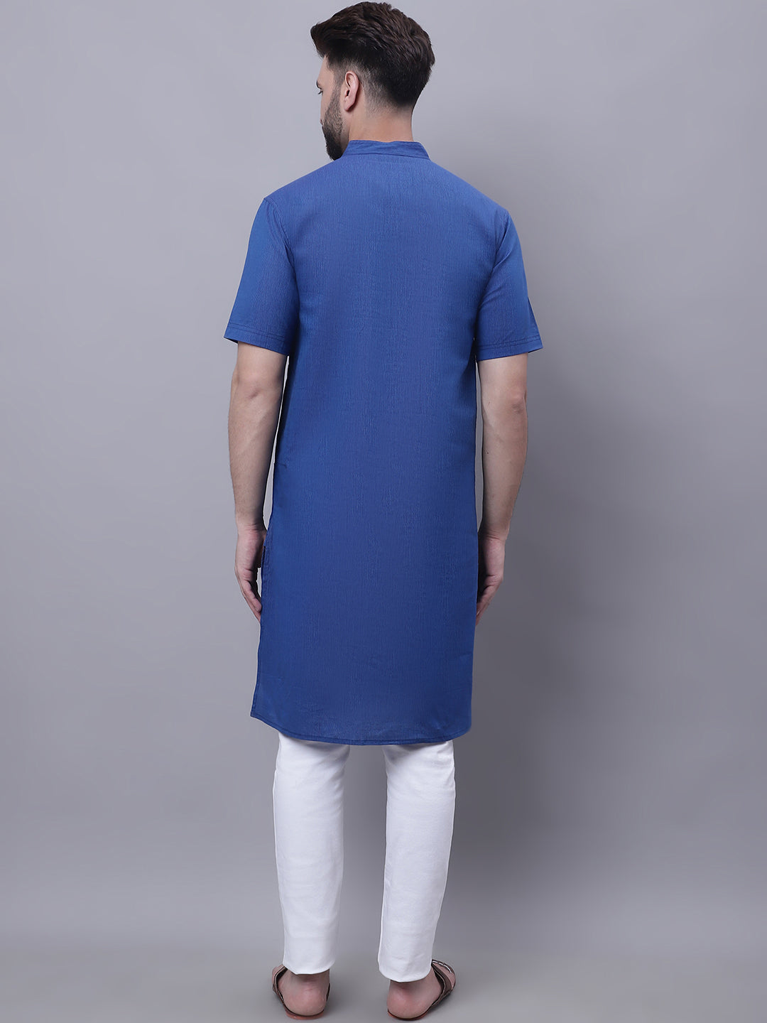 Even Apparels Blue Pure Cotton Short Sleeves Kurta With Band Collar | Swadesiicart