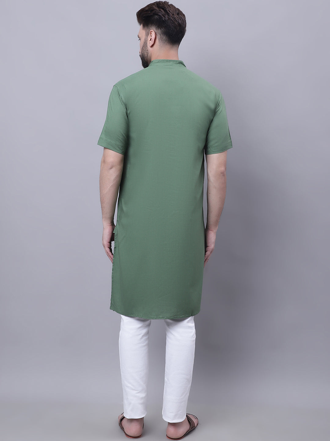 Even Apparels Green Pure Cotton Short Sleeves Kurta With Band Collar | Swadesiicart