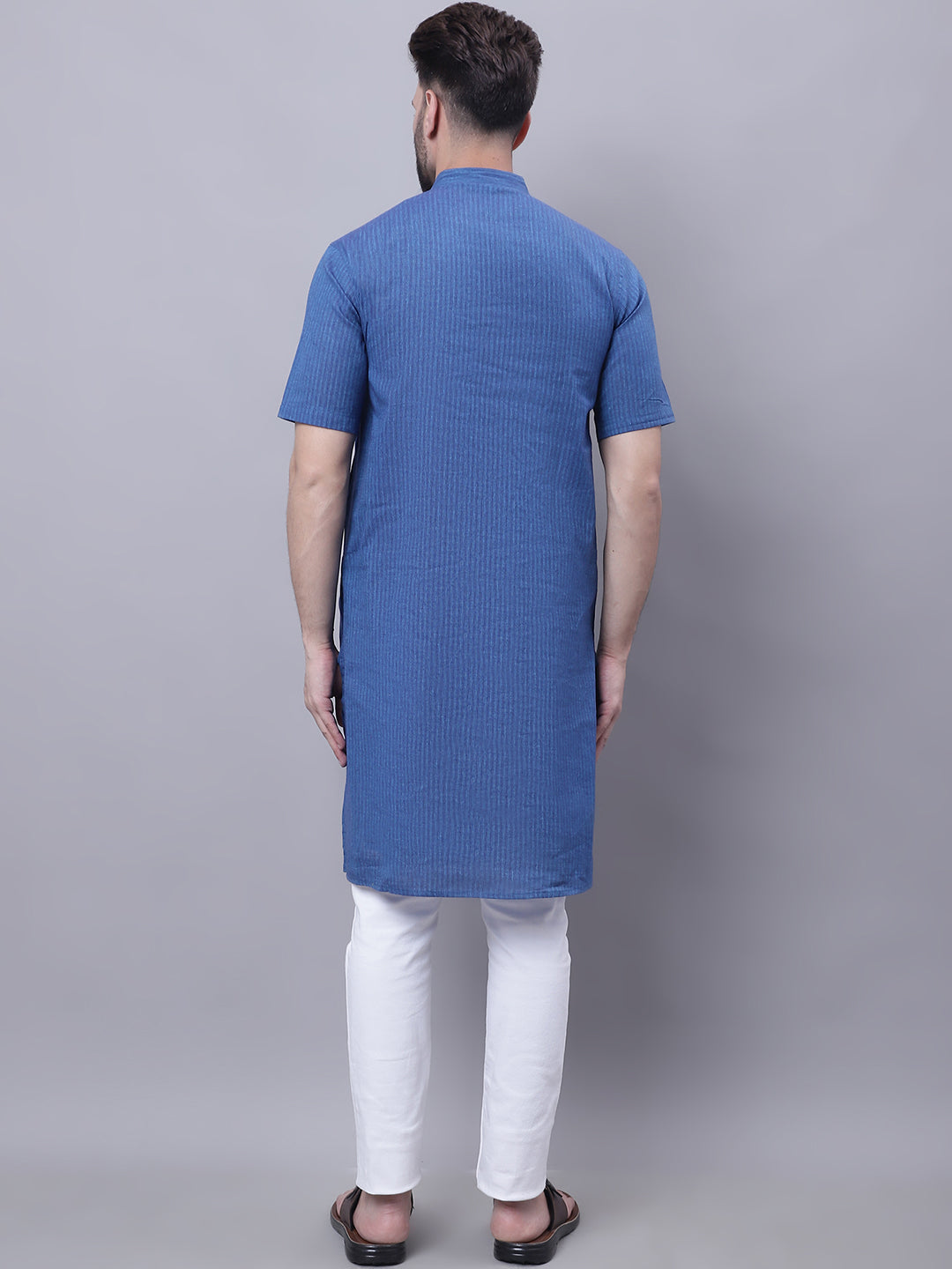 Even Apparels Blue Pure Cotton Short Sleeves Kurta With Band Collar | Swadesiicart