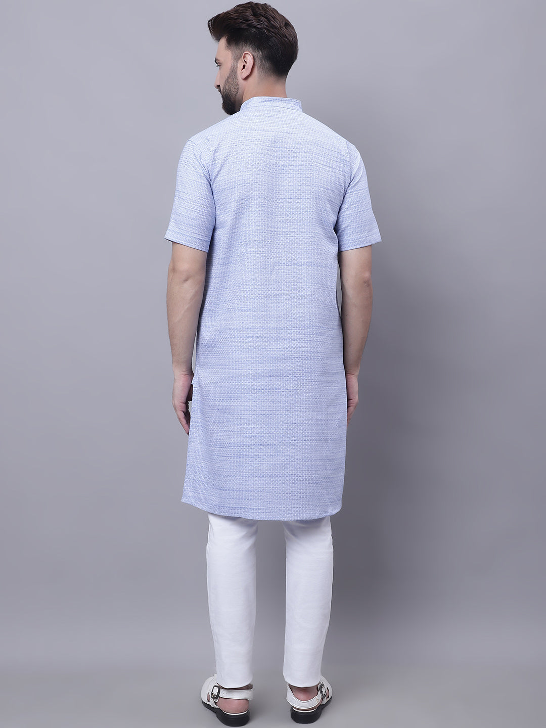 Even Apparels Blue Pure Cotton Short Sleeves Kurta With Band Collar | Swadesiicart