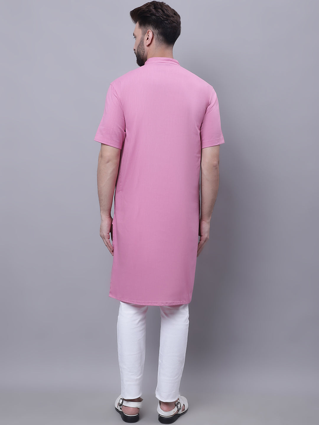 Even Apparels Pink Pure Cotton Short Sleeves Kurta With Band Collar | Swadesiicart