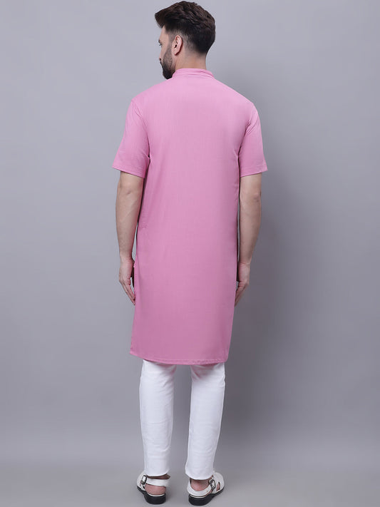 Even Apparels Pink Pure Cotton Short Sleeves Kurta With Band Collar | Swadesiicart