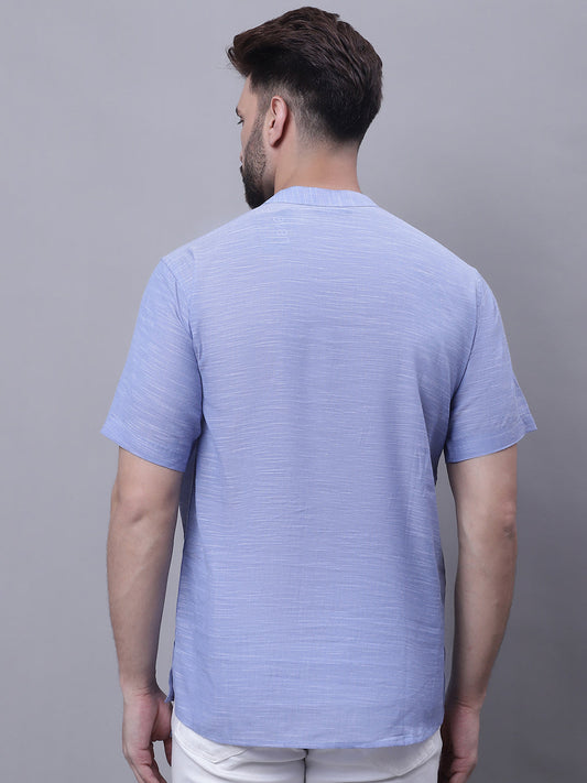 Even Apparels Blue Pure Cotton Short Kurta With Band Collar | Swadesiicart