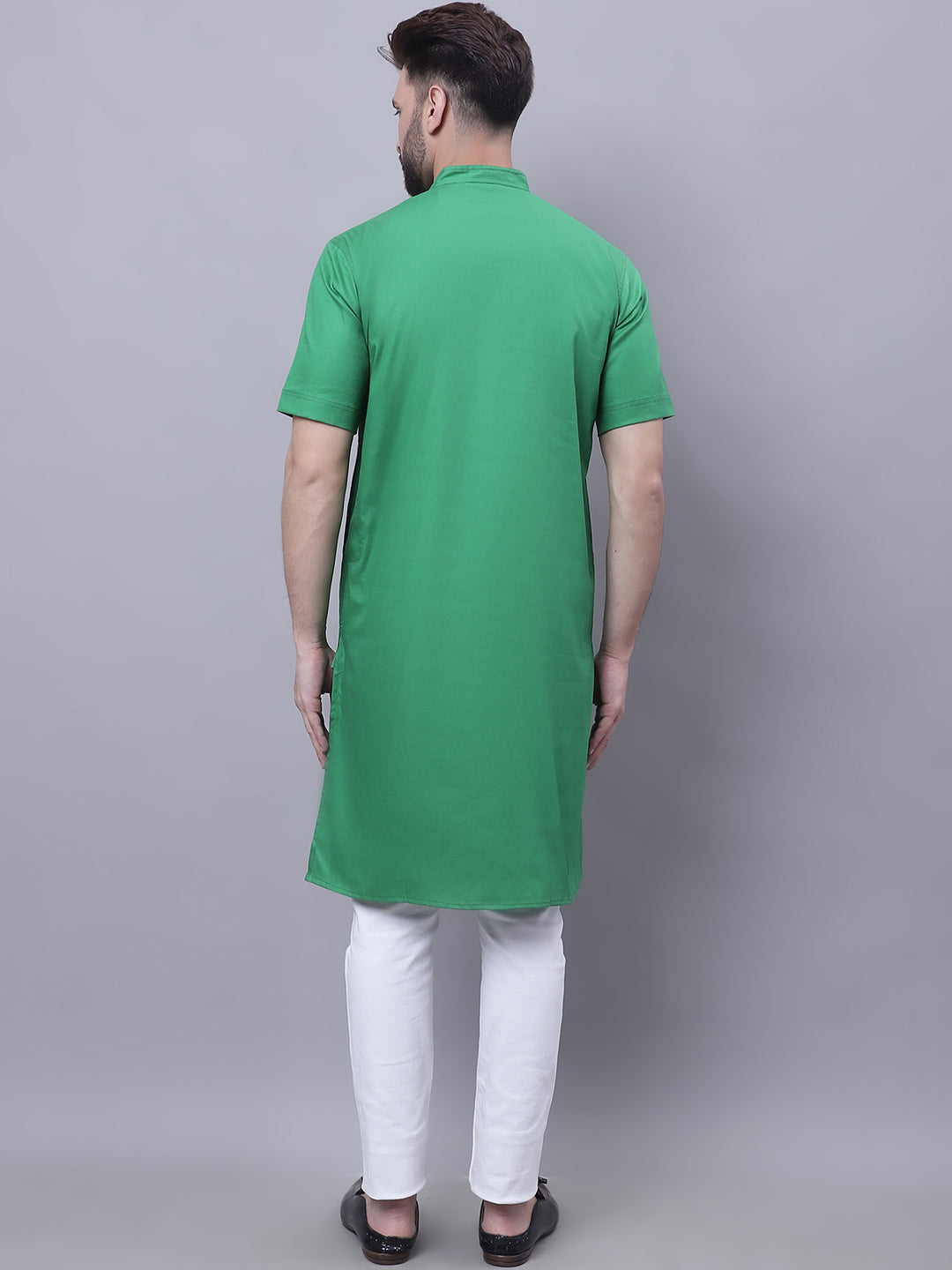Even Apparels Green Pure Cotton Short Sleeves Kurta With Band Collar | Swadesiicart