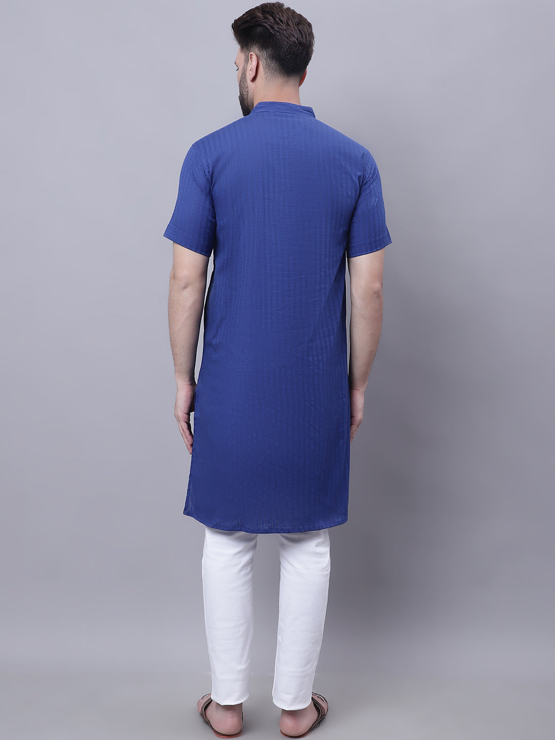 Even Apparels Blue Pure Cotton Short Sleeves Kurta With Band Collar | Swadesiicart