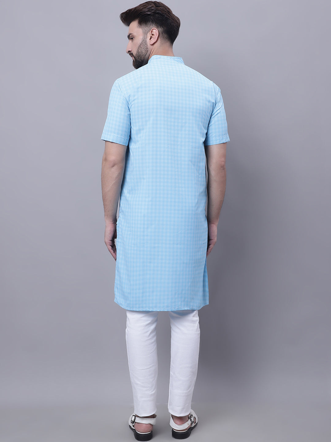 Even Apparels Blue Pure Cotton Short Sleeves Kurta With Band Collar | Swadesiicart