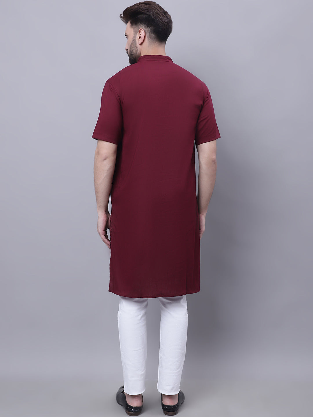Even Apparels Red Pure Cotton Short Sleeves Kurta With Band Collar | Swadesiicart