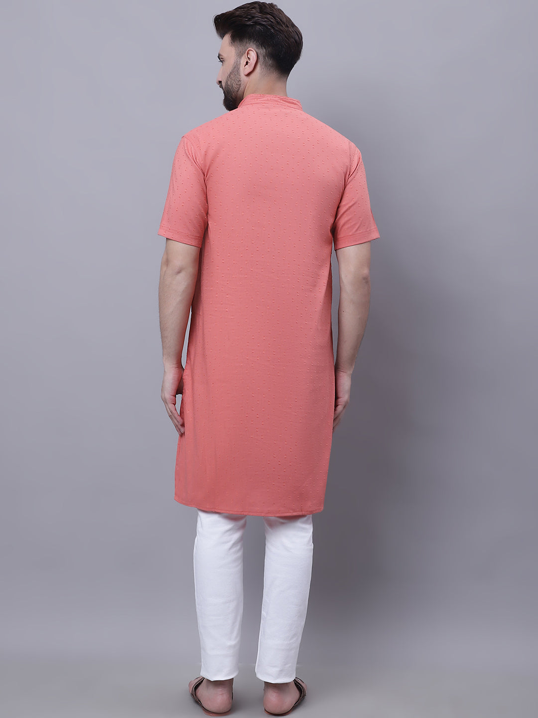 Even Apparels Peach Pure Cotton Short Sleeves Kurta With Band Collar | Swadesiicart