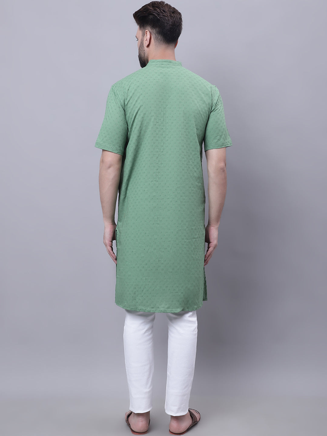 Even Apparels Green Pure Cotton Short Sleeves Kurta With Band Collar | Swadesiicart