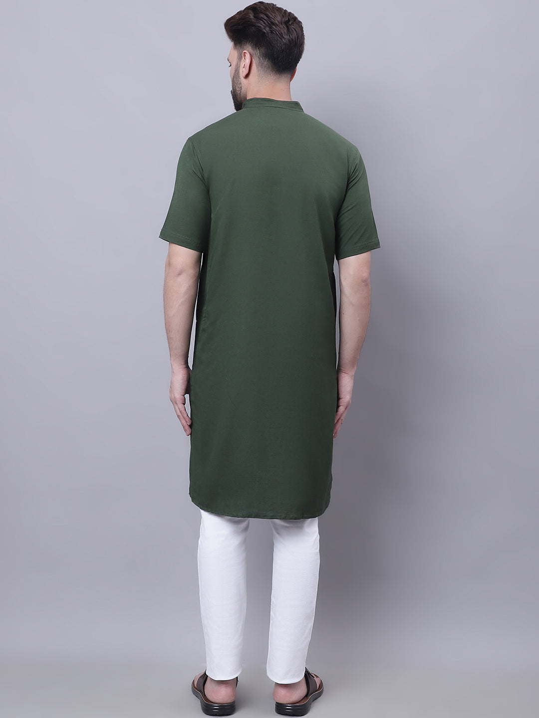 Even Apparels Green Pure Cotton Short Sleeves Kurta With Band Collar | Swadesiicart