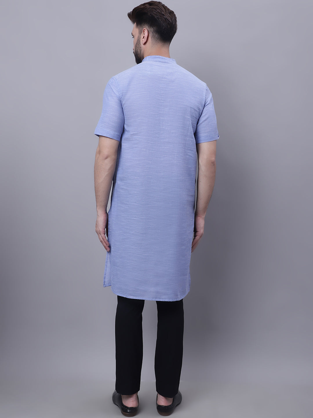 Even Apparels Blue Pure Cotton Short Sleeves Kurta With Band Collar | Swadesiicart