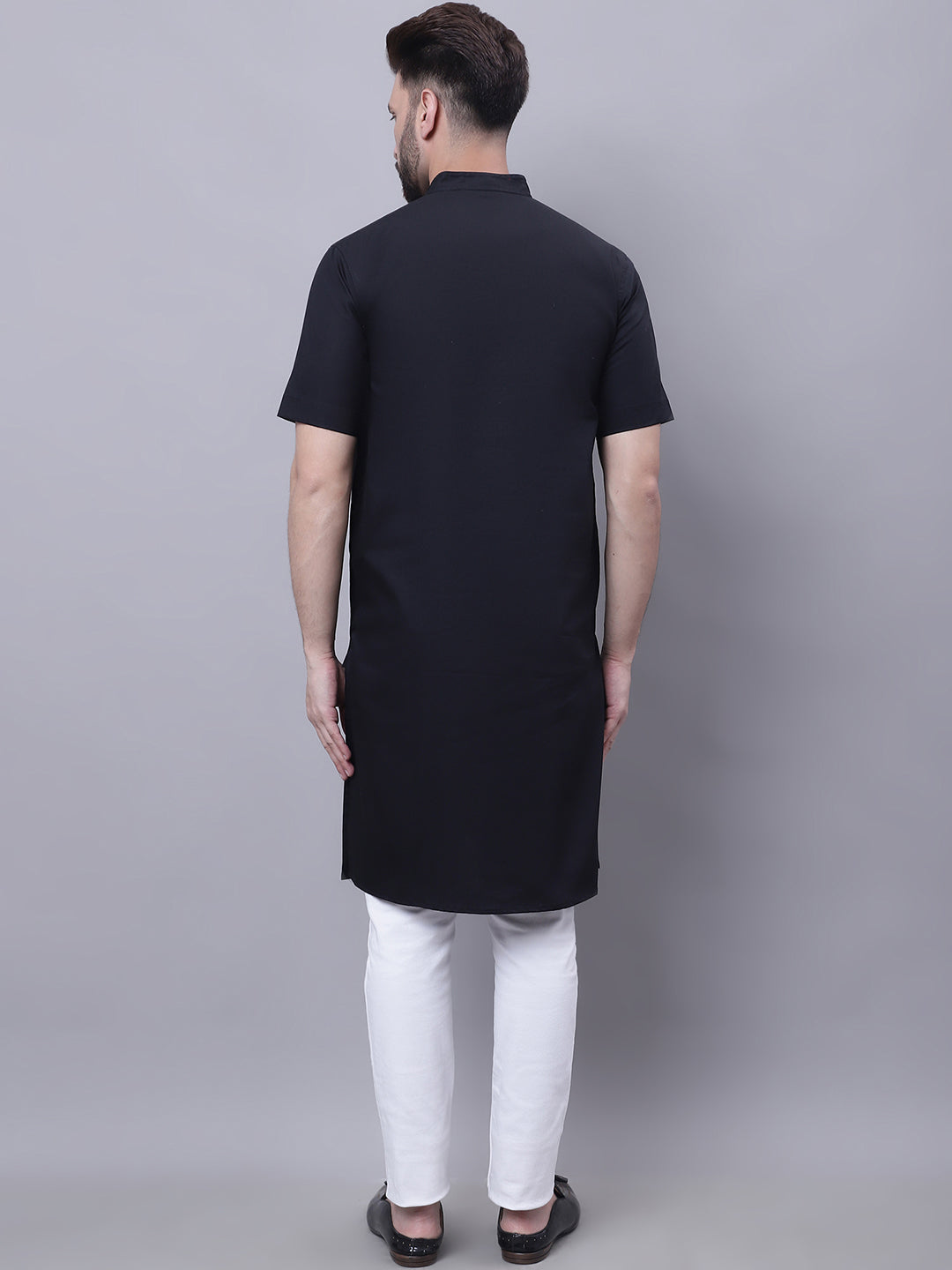 Even Apparels Black Pure Cotton Short Sleeves Kurta With Band Collar | Swadesiicart