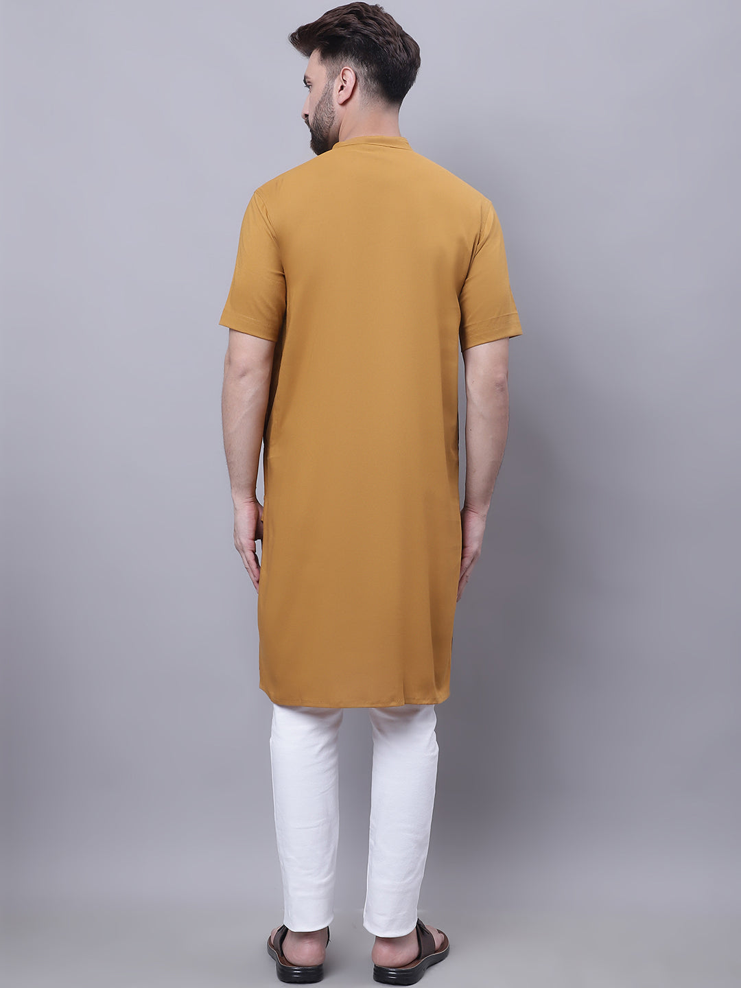 Even Apparels Mustard Pure Cotton Short Sleeves Kurta With Band Collar | Swadesiicart