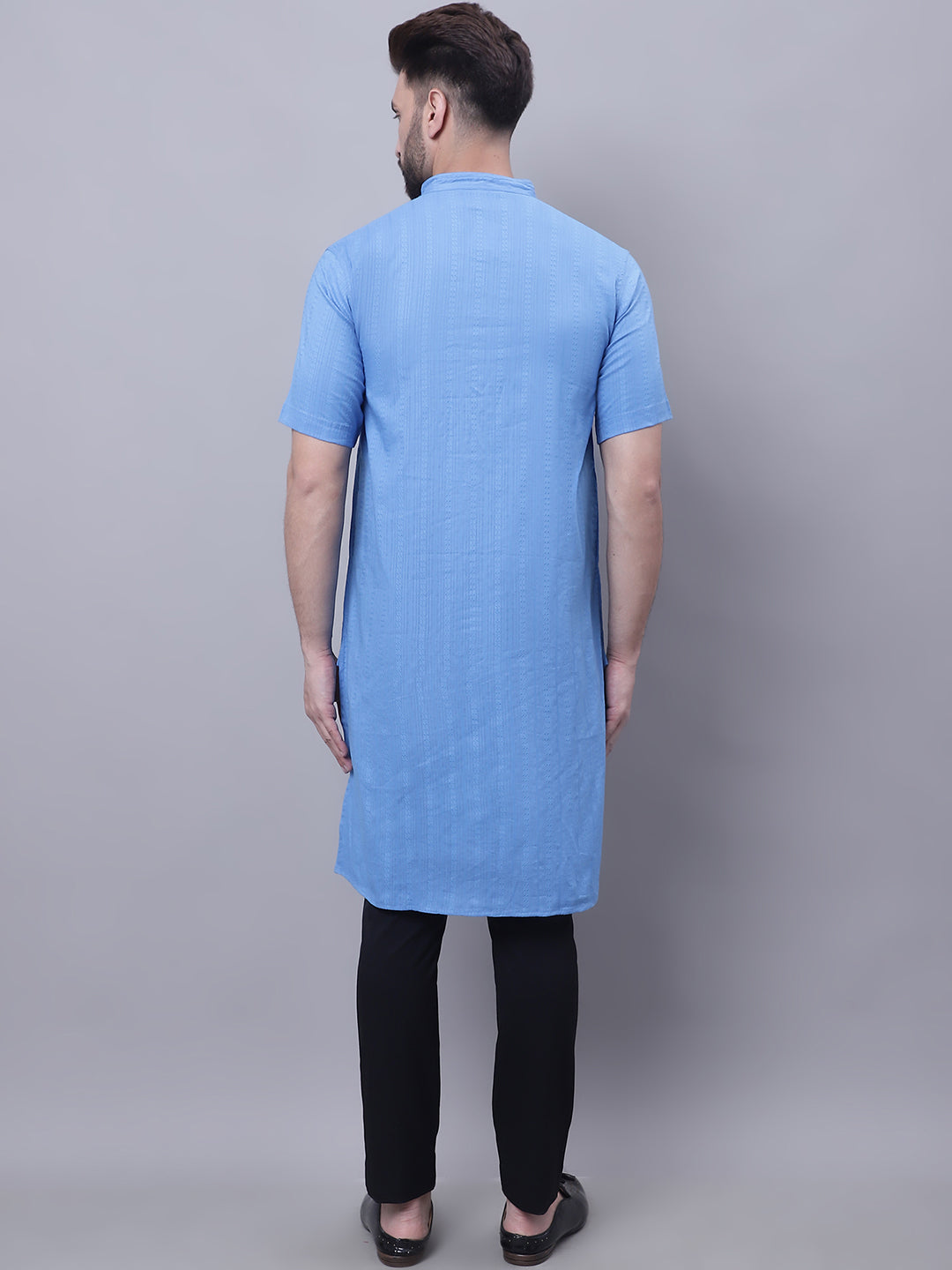 Even Apparels Blue Pure Cotton Short Sleeves Kurta With Band Collar | Swadesiicart