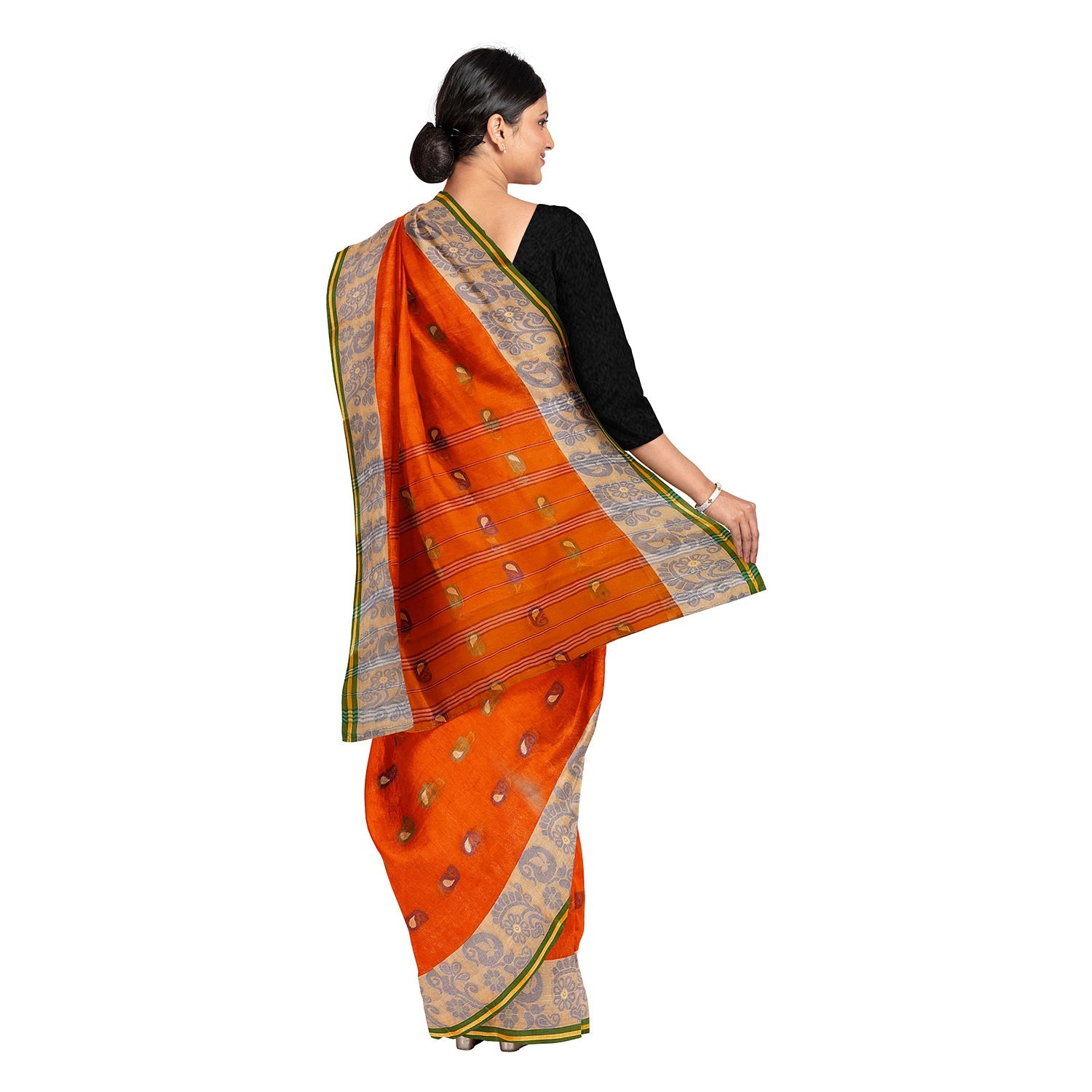 Exclusive Collection 100% Pure Cotton Orange Tant Saree With Hand Weaving Work - Swadesiicart