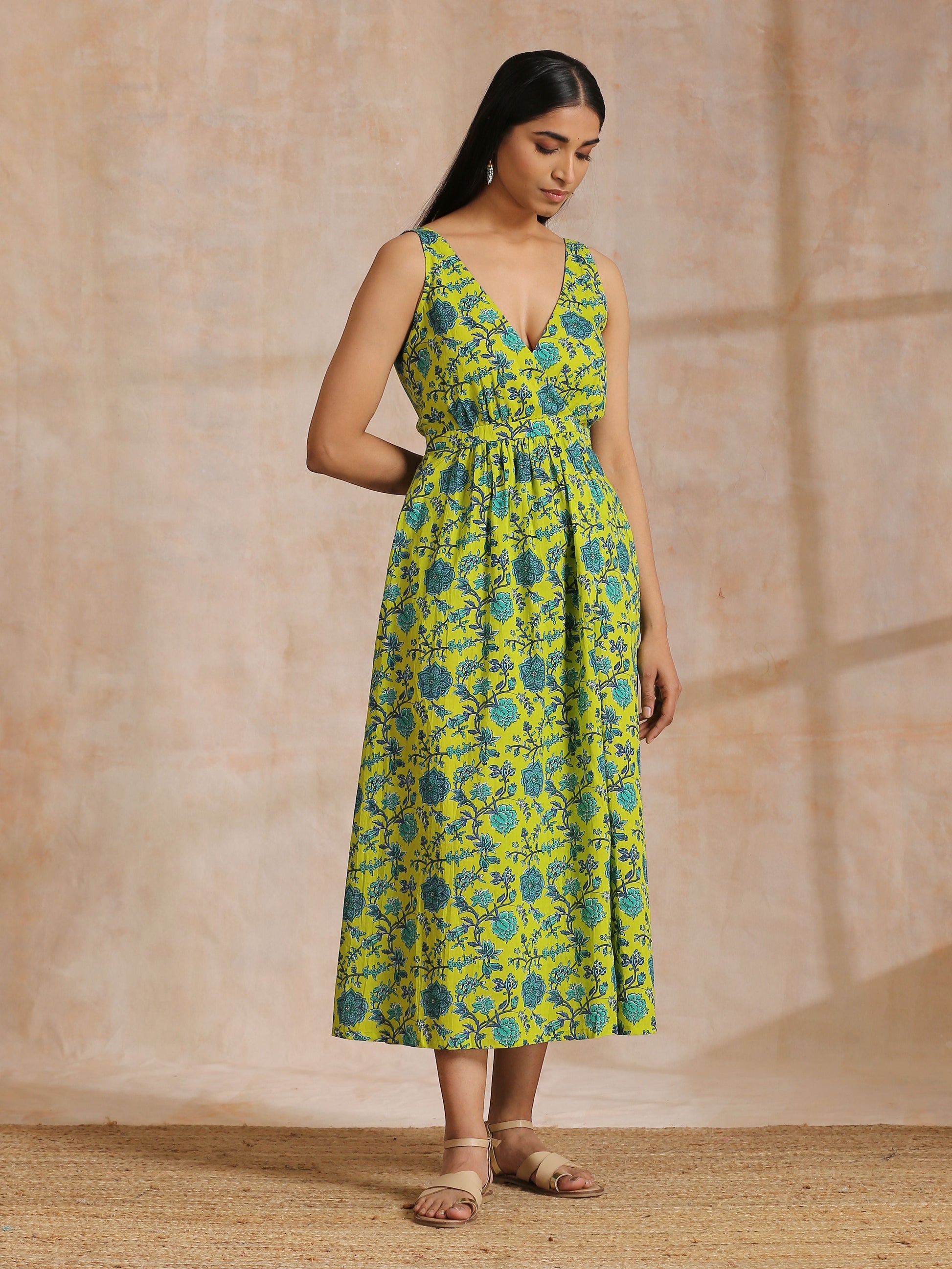trueBrowns Lime Green Overall Teal Floral Block Print Cotton Sleeveless Wrap Dress | Swadesiicart