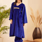 InWeave Women's Royal Blue V Neck Asymmetrical Pleated Velvet Kurta Set - Swadesiicart