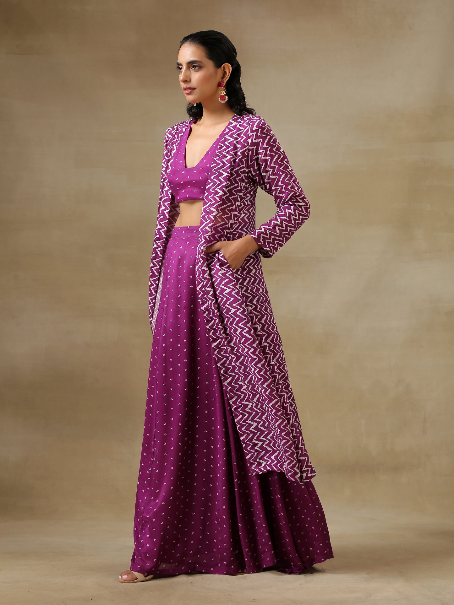 trueBrowns Purple Bandhani Printed Silk Top Skirt Jacket Set | Swadesiicart