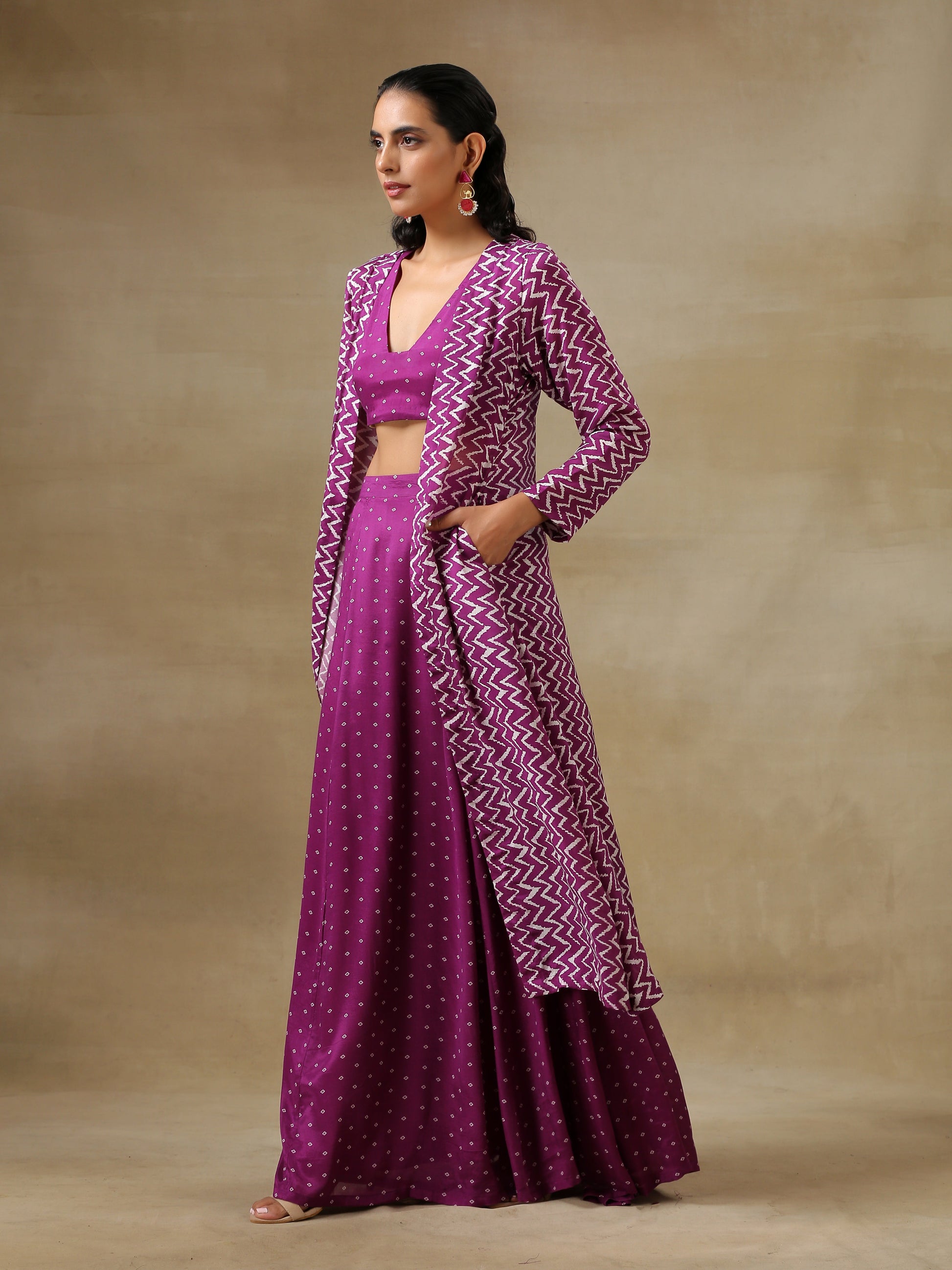 trueBrowns Purple Bandhani Printed Silk Top Skirt Jacket Set | Swadesiicart