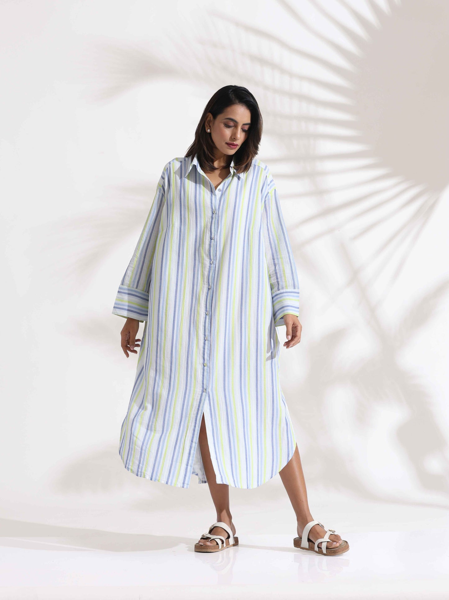 trueBrowns White Cotton Multi Stripe Shirt Dress | Swadesiicart
