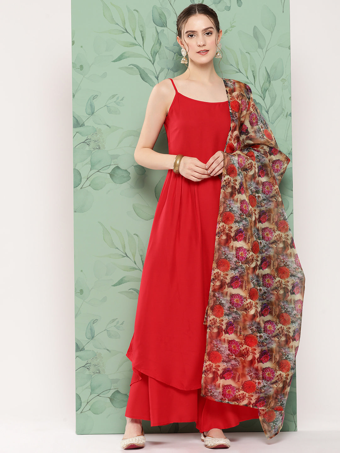 InWeave Women's Red Strappy Set W Camel Brown Or Duptta - Swadesiicart