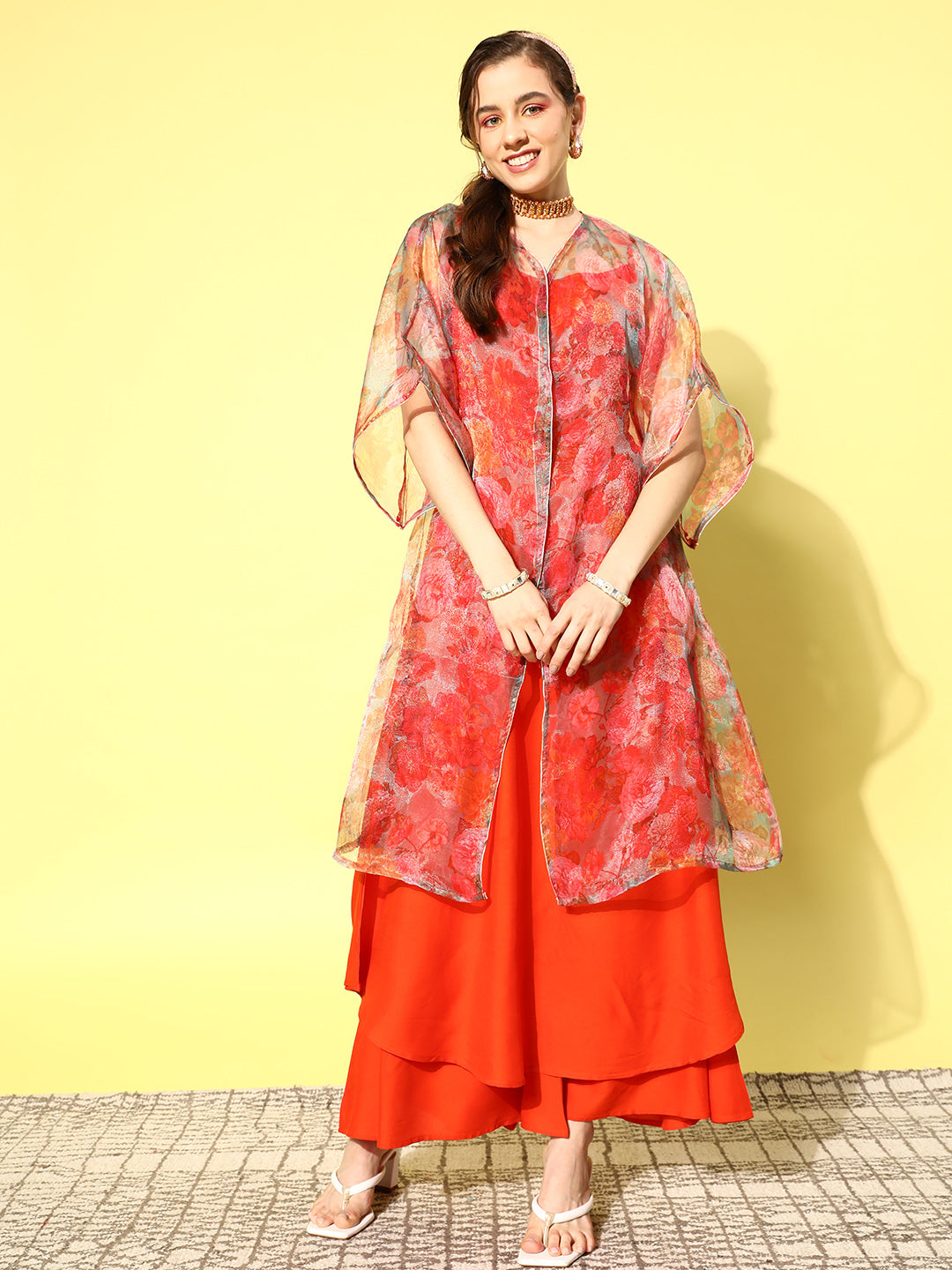 InWeave Women's Orange Strappy Set W Green Organza Cape - Swadesiicart