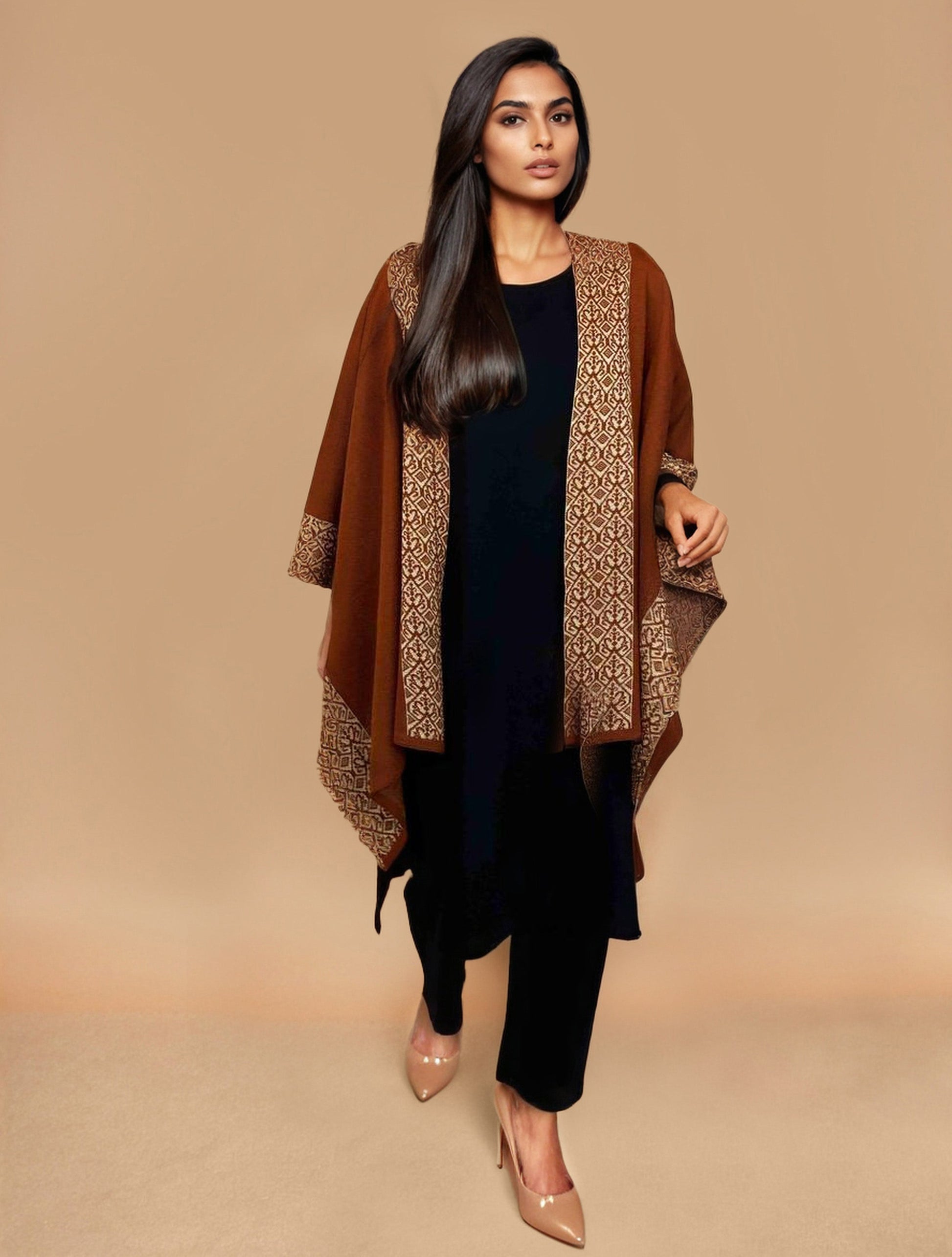 trueBrowns Brown Woollen Kaftan Cape | Swadesiicart