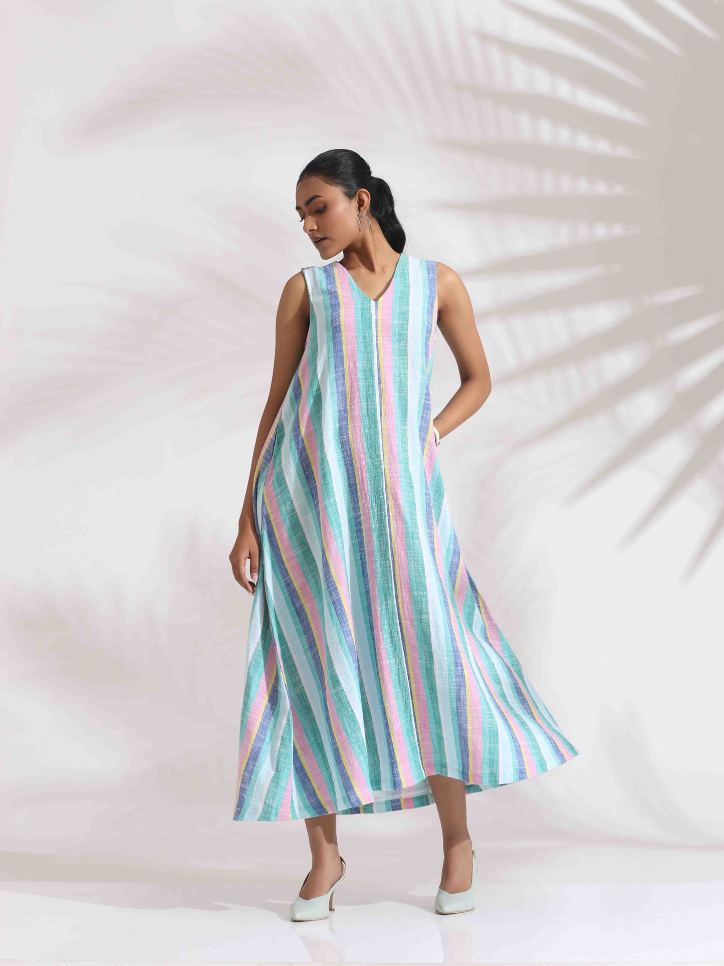 trueBrowns Green Cotton Multi Stripe Flared Dress | Swadesiicart
