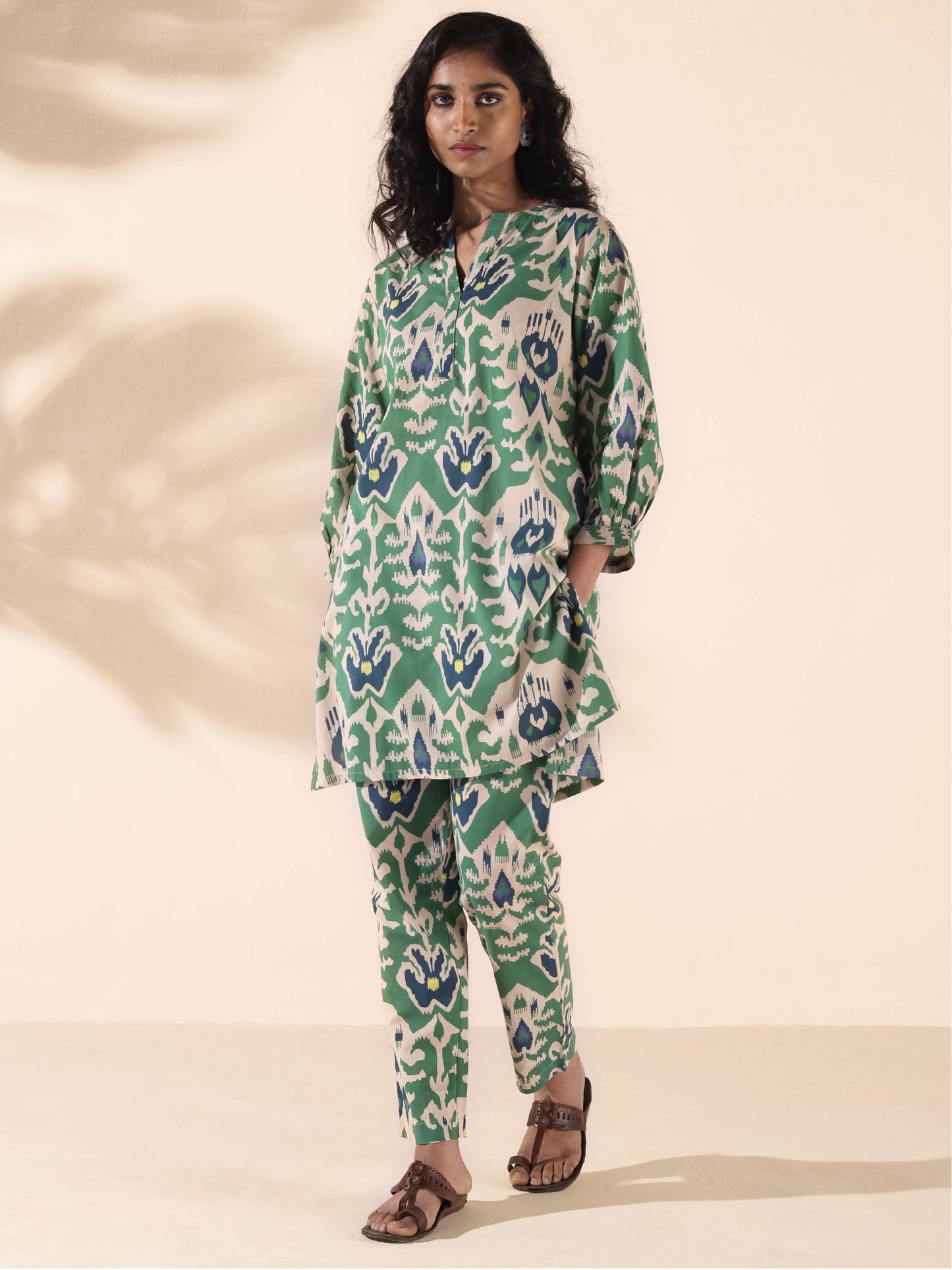 trueBrowns Green Cotton Ikat Relaxed Co-ord Set - Swadesiicart