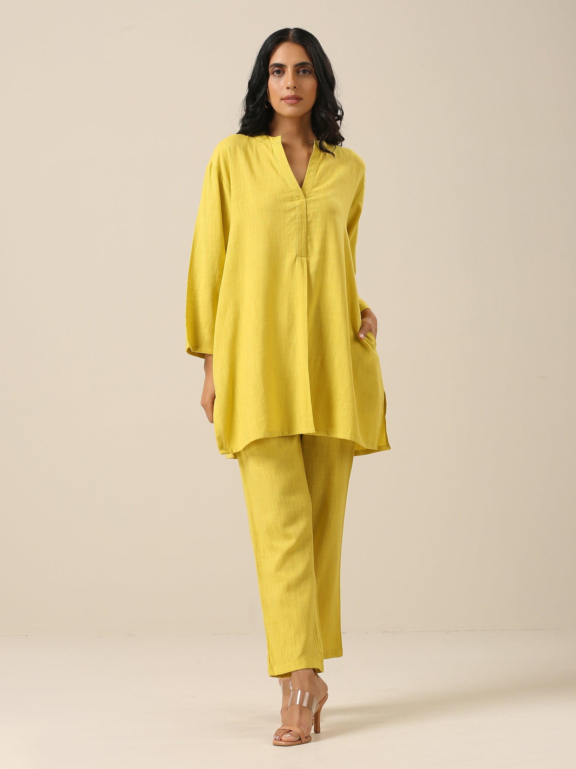 trueBrowns Lime Slub Texture Relax Fit Co-Ord Set - Swadesiicart