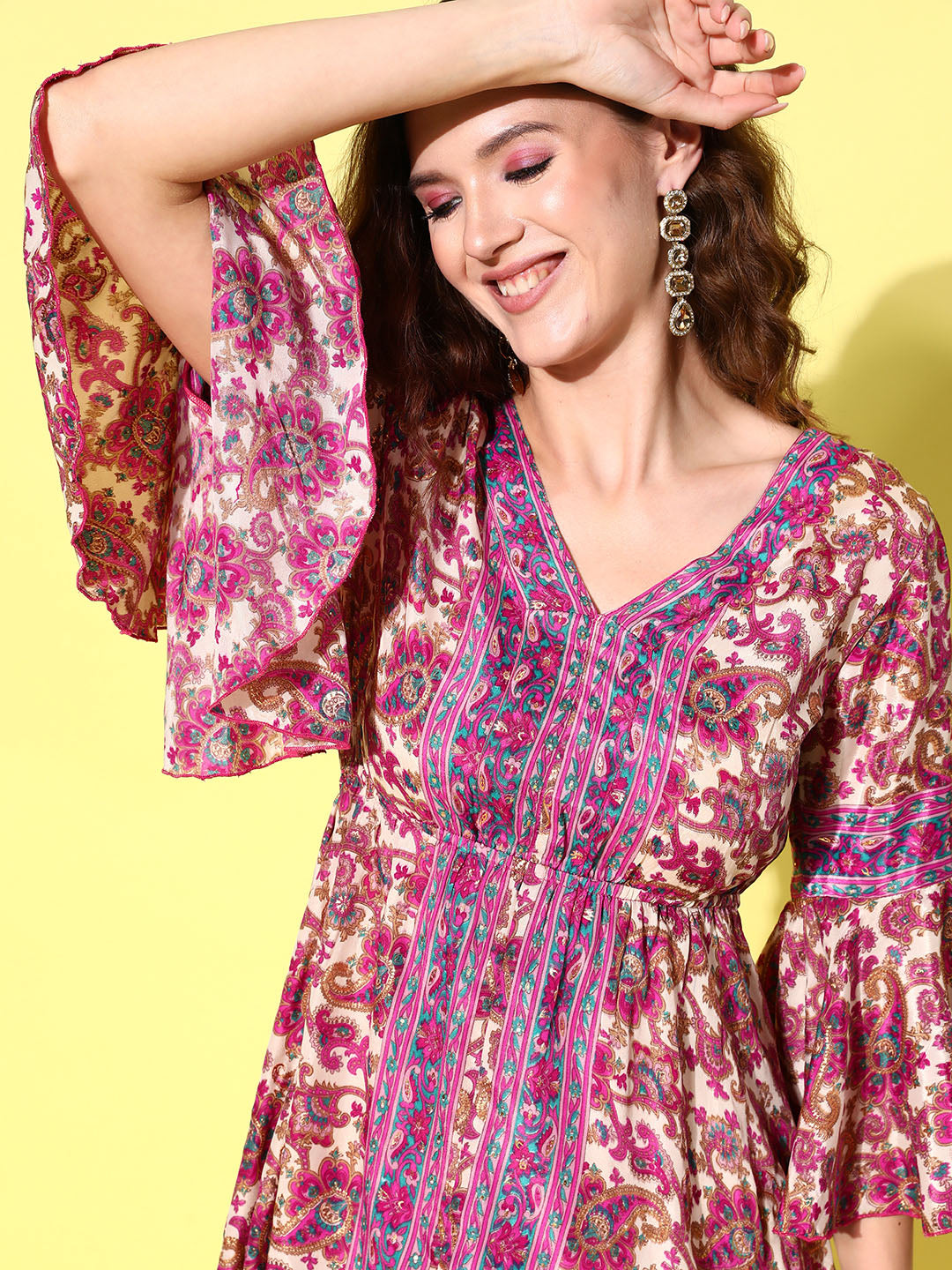 InWeave Women's Fuchsia Floral Prnited Bell Sleeve Short Dress - Swadesiicart