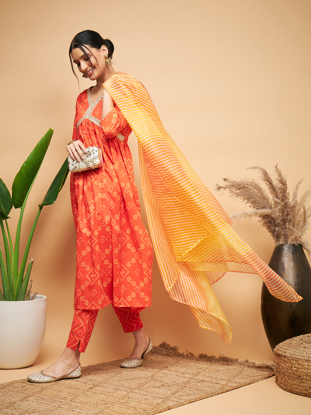 InWeave Women's Orange S Print Alia Cut Gota Work Kurta Set W Mustard Le Du - Swadesiicart