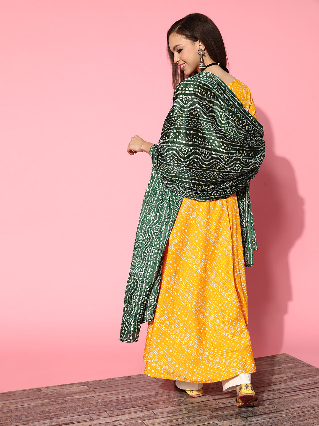 InWeave Women's Yellow Bandhani Long Anarkali Kurta With Green Bandhani Dupatta - Swadesiicart